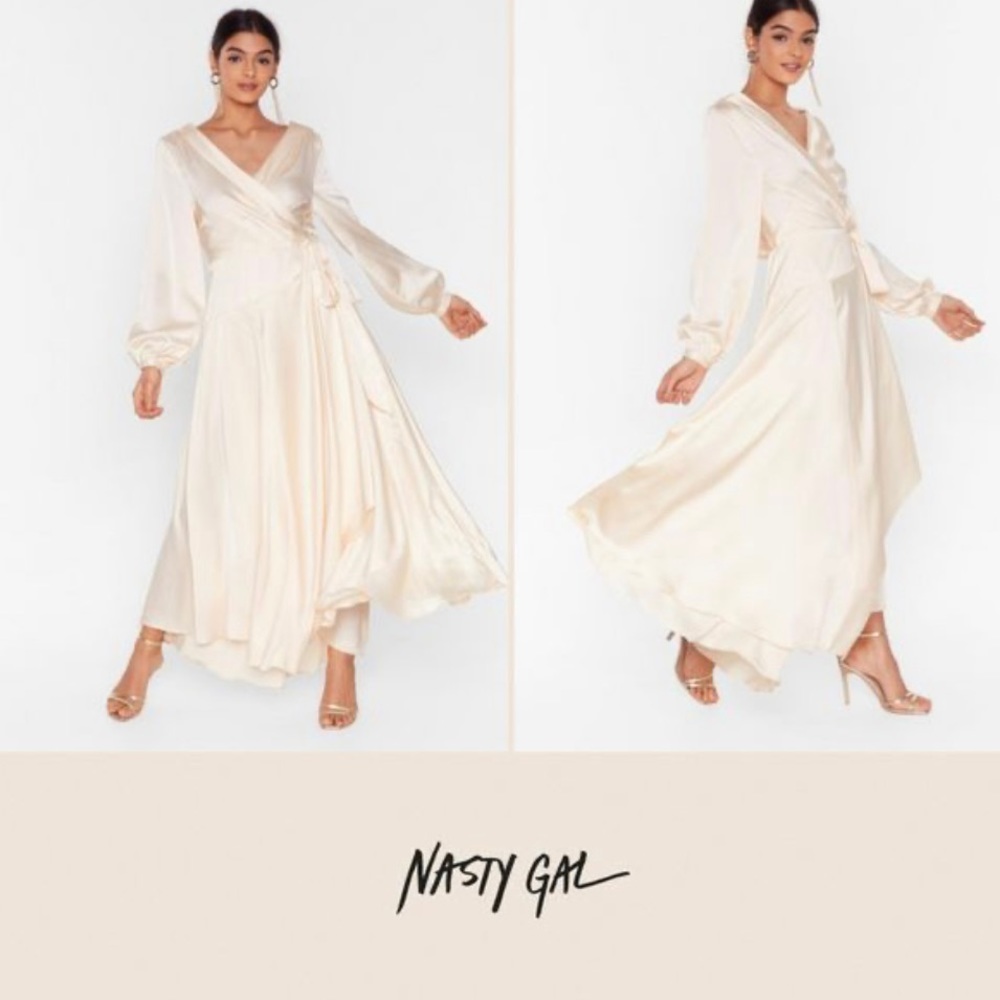 Nasty Gal Cream Satin Wrap Midi Dress